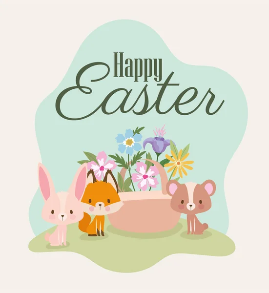 Gelukkig Pasen belettering met een schattig roze konijn, vos, beer en een mand vol bloemen — Stockvector