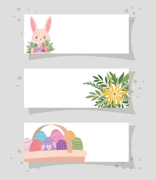 Lijsten met een schattig roze konijn, gele bloem en een mand vol paaseieren — Stockvector
