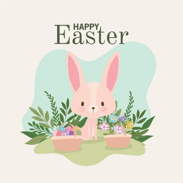 Gelukkig Pasen belettering met een schattig roze konijn en een mand vol paaseieren — Stockvector