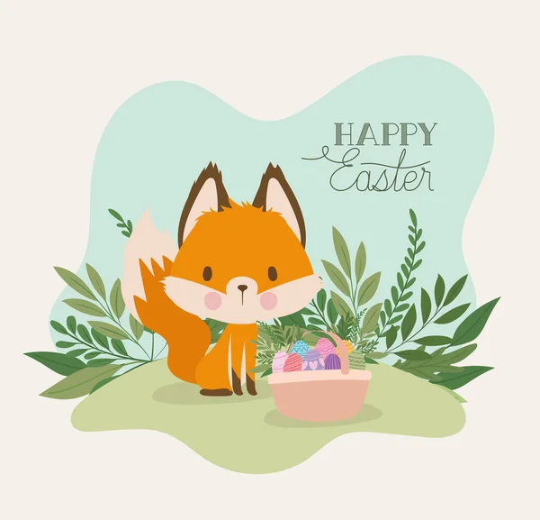 Gelukkig Pasen belettering met een schattige vos en een mand vol paaseieren — Stockvector