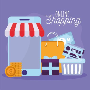 Mor arka planda çevrimiçi alışveriş harfleri ve çevrimiçi depolama simgeleri demeti