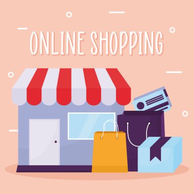 Açık pembe arka planda çevrimiçi alışveriş harfleri ve çevrimiçi mağaza simgeleri seti
