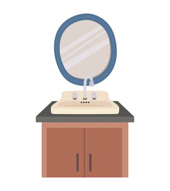 lavabo, ayna ve raf beyaz arka planda