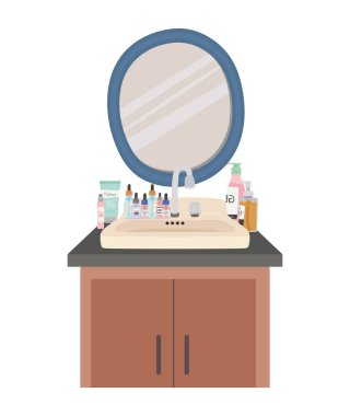 iki çekmecesi olan mobilyaların üzerinde bir çift cilt simgesi ve ayna