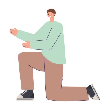 Adam beyaz arka planda oturuyor.