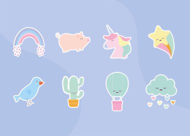 Açık mor bir arkaplanda sevimli karalama seti