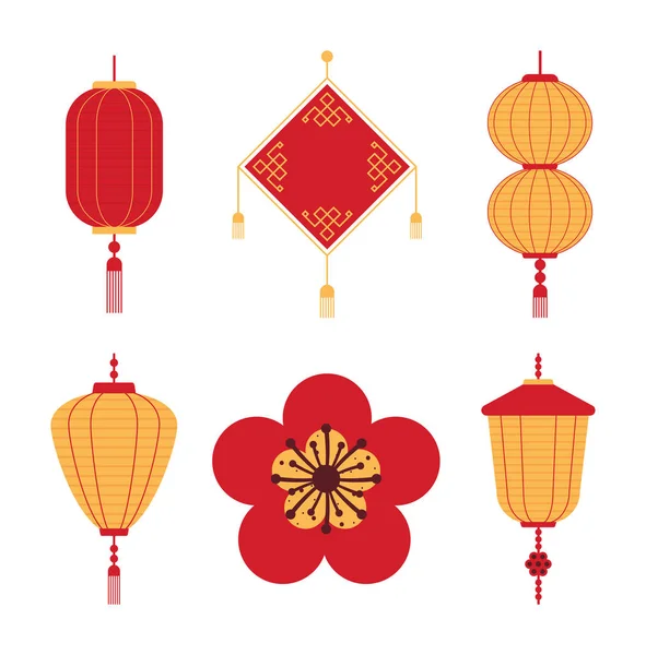 Six chinese lamps — Stock Vector