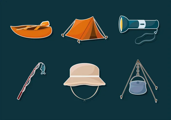 Zes camping iconen — Stockvector