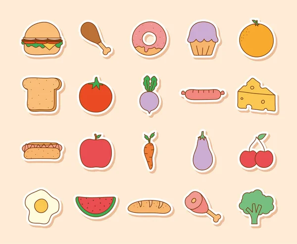Vingt aliments doodle — Image vectorielle