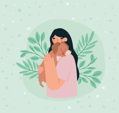 Kahverengi köpeğe sarılan kadın