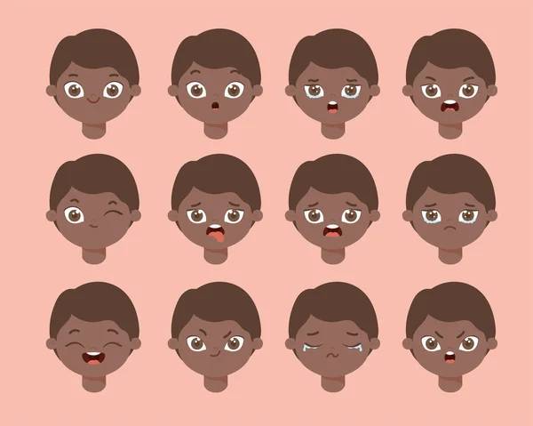 Двенадцать выражений афро-мальчика — стоковый вектор