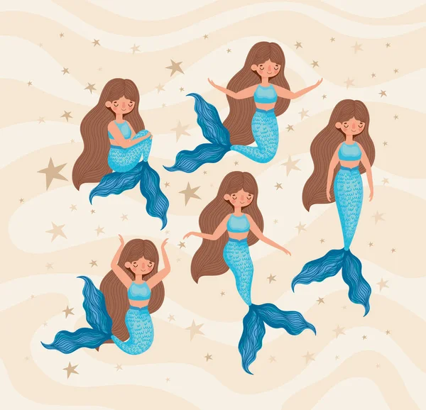 Five blue mermaids — Stockový vektor