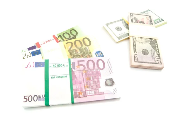 Verpakkingen van bankbiljetten van de euro en de dollar — Stockfoto