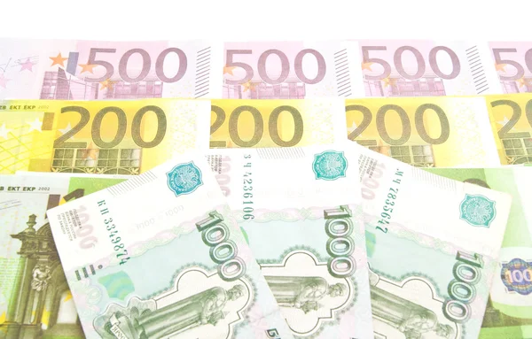 Russische bankbiljetten en eurobankbiljetten — Stockfoto