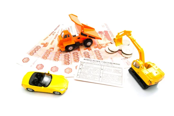 Different cars, driving license and money — Stock Photo, Image