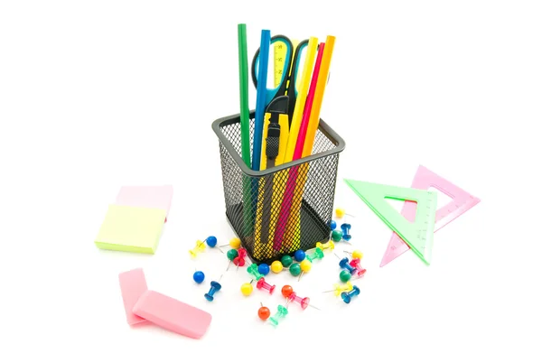 Erasers and other office stationery on white — Stock Photo, Image