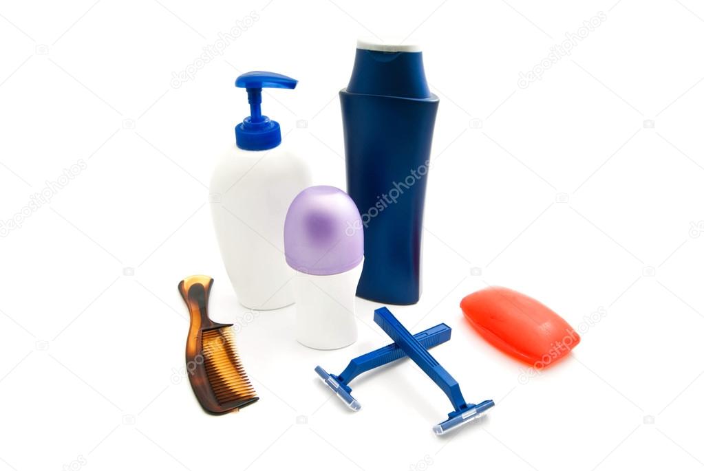 shower gel, shampoo, comb and deodorant