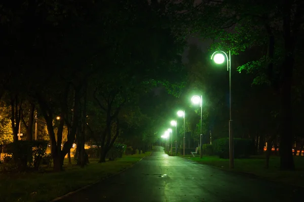 Estrada através de beco iluminado por lâmpadas de rua — Fotografia de Stock