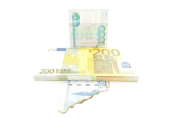 Notas de euro e rublos queimados — Fotografia de Stock