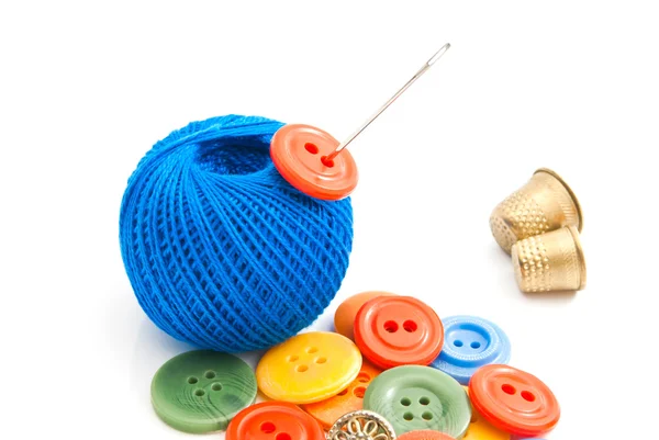 Buttons, thimbles and blue thread — Stock Photo, Image