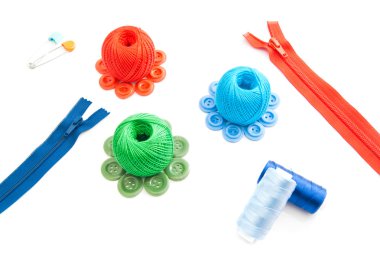 fermuar, iki yüksükler, iş parçacığı ve plastik düğme