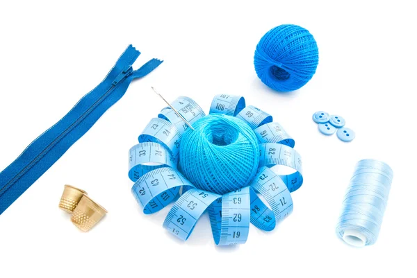 Different blue items for needlework — Stock Photo, Image