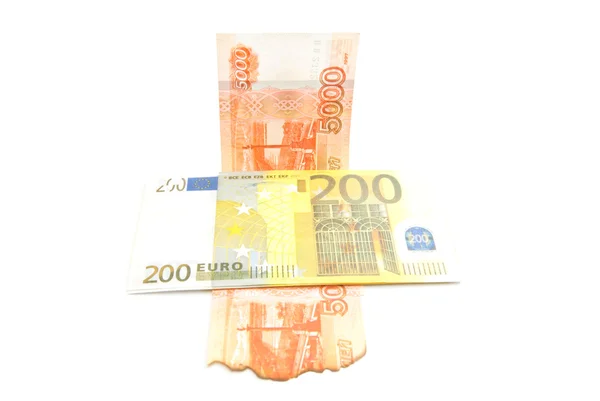 Verbrannte Rubel und Euro-Banknoten — Stockfoto