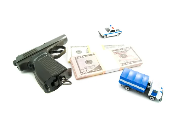 Gun, dollars and police cars — Stock Photo, Image