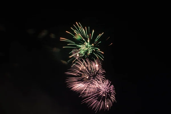 Pembe ve yeşil fireworks uygulamasında karanlık gökyüzü — Stok fotoğraf