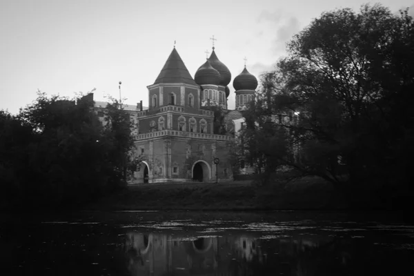 Башня на берегу пруда черно-белая — стоковое фото