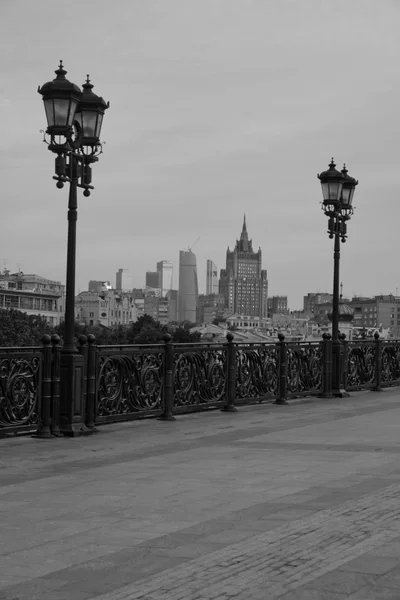 view of the city from the bridge black and white