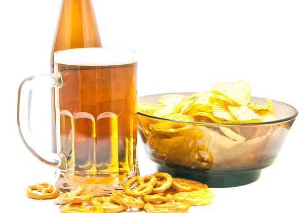Beer, pretzels and chips closeup — Stock Photo, Image