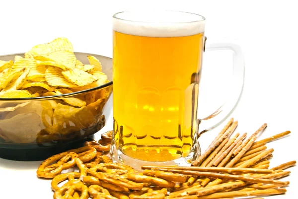 Pretzels, breadsticks, chips and beer — Stock Photo, Image