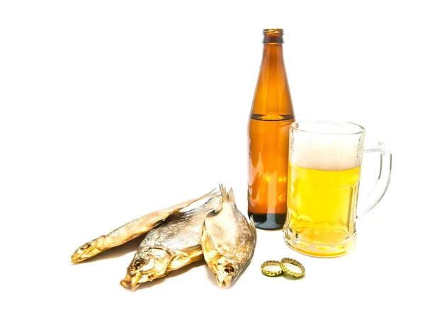 Three stockfish and light beer — Stock Photo, Image