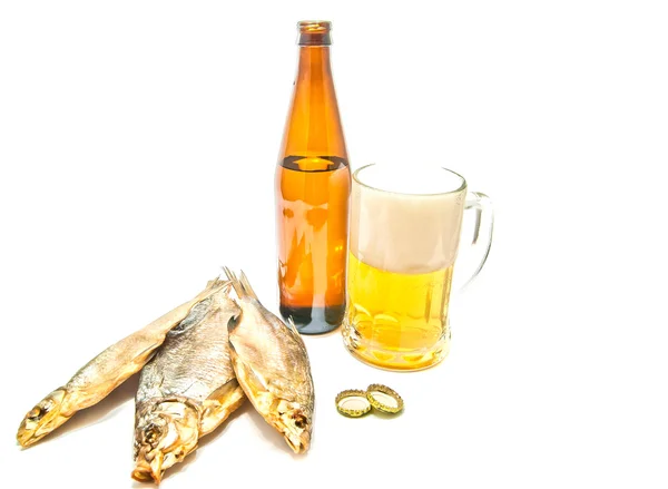 Beer and three stockfish on white — Stock Photo, Image