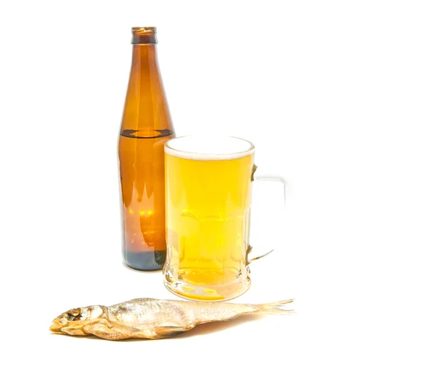 Glass of light beer and stockfish on white — Stock Photo, Image