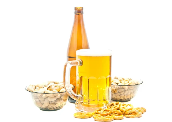 Nuts, pretzels and light beer — Stock Photo, Image