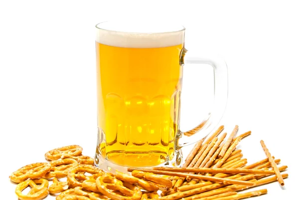 Breadsticks, pretzels and light beer — Stock Photo, Image