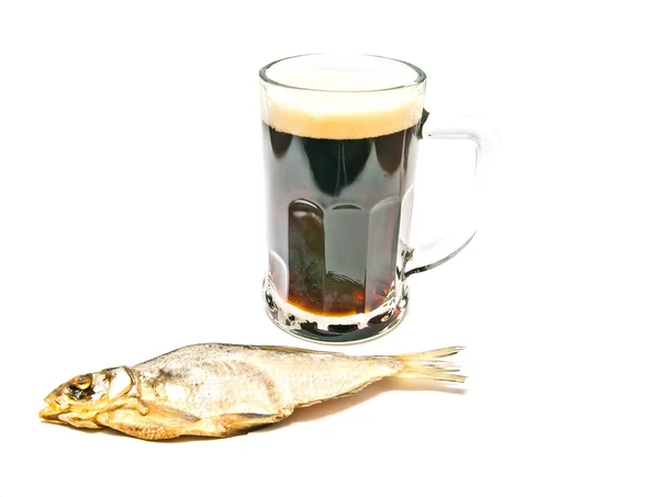 Glass of beer and stockfish on white — Stock Photo, Image