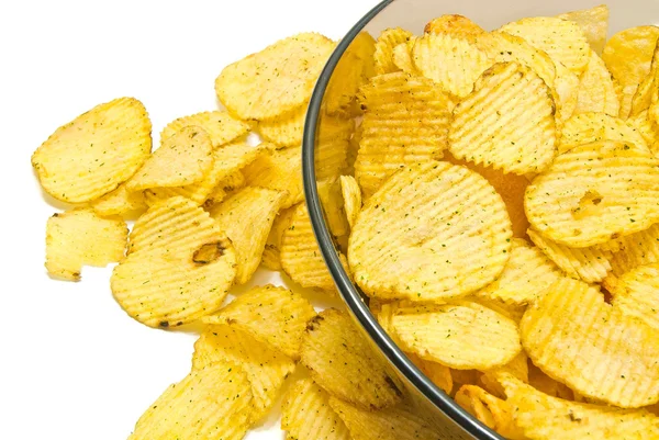 Glass plate with ruffles potato chips — Stock Photo, Image