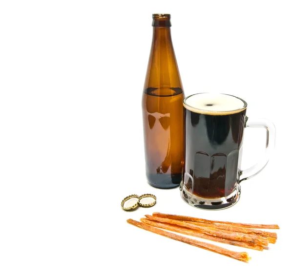 Cerveja, garrafa e lanche de peixe — Fotografia de Stock
