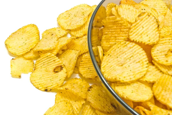 Plate with ruffles chips on white — Stock Photo, Image