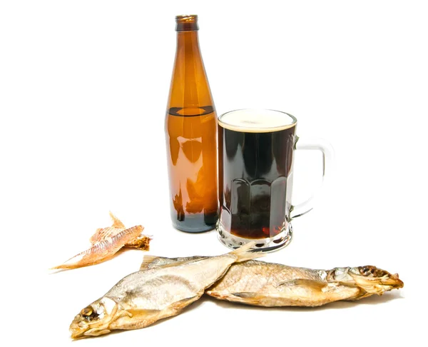 Salted fishes and dark beer on white — Stock Photo, Image