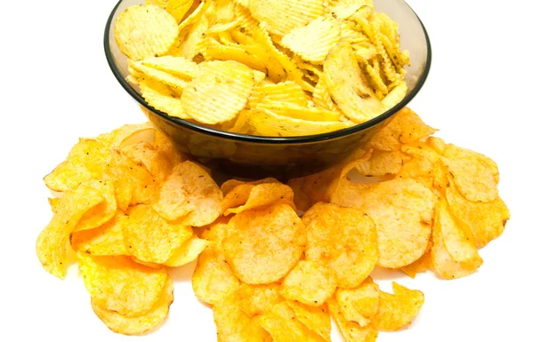Different potato chips on white — Stock Photo, Image