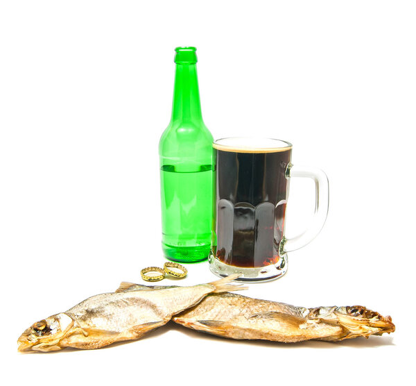 salted fishes and glass of beer 