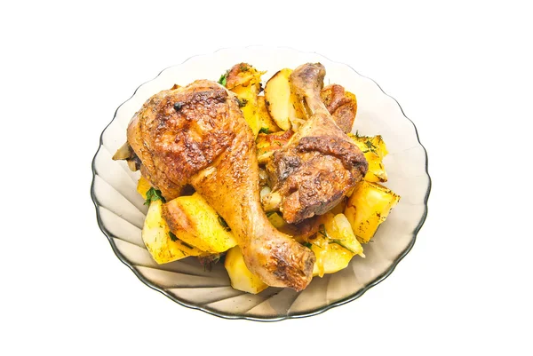 Tavuk ve patates beyaz ile plaka — Stok fotoğraf