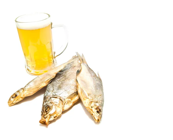 Three salted fishes and beer on white — Stock Photo, Image