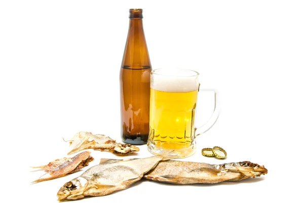 Salty fishes and glass of light beer on white — Stock Photo, Image