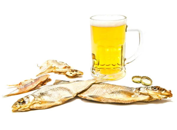 Salty fishes and glass of light beer — Stock Photo, Image