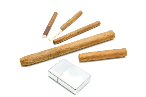 Cigars and cigarillos with lighter — Stock Photo, Image
